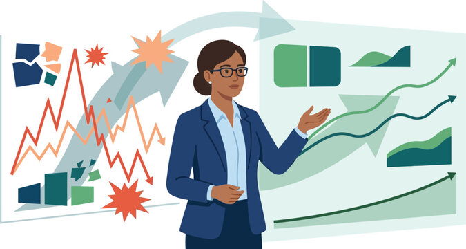 Businesswoman presents financial growth charts and market volatility trends during a corporate meeting.