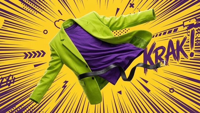 Invisible Ghost Mannequin Floating Lime Green Blazer and Purple Tee on Comic Action Backdrop