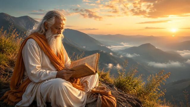 Serene sage reading sacred scripture at sunrise for guru purnima celebration during hindu religious festival among mountains with meditative atmosphere and wisdom teachings