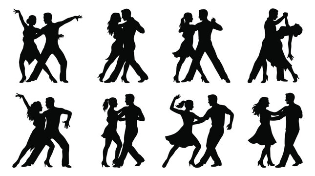 Set of eight black silhouettes depicting couples dancing ballroom styles including tango, salsa, and waltz isolated on a white background, for event or, music themes