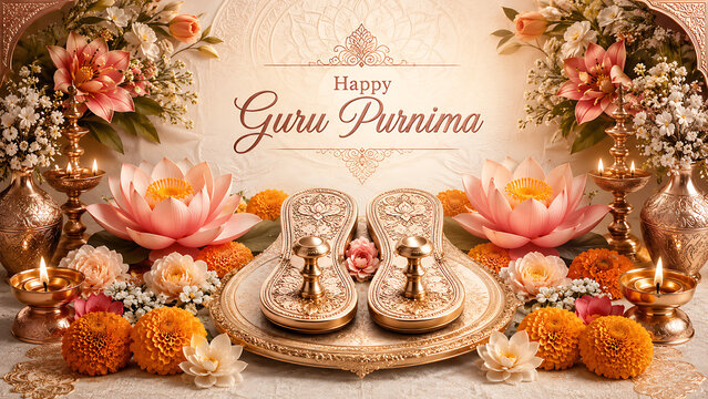 Elegant floral greeting composition for guru purnima celebration featuring sacred footprints lotus flowers and lamps for hindu religious festival themed background illustration artwork
