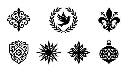 Vintage heraldic ornaments set, 7 black vector icons, elegant fleur de lis and dove symbols © Tohim