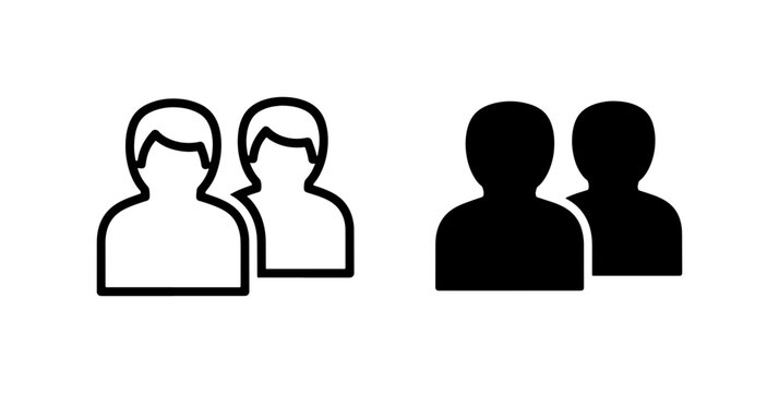 Minimalist users icon set, black outline and solid silhouette people symbols, social group vector avatars