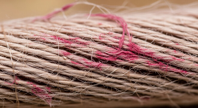 Close-up macro shot of rough natural fiber rope with pink twine strands tangled