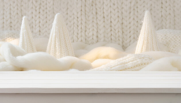 Gem&uuml;tlicher Studiohintergrund aus wei&szlig;er Wolle mit gestrickten Tannenb&auml;umen. Platz f&uuml;r Text