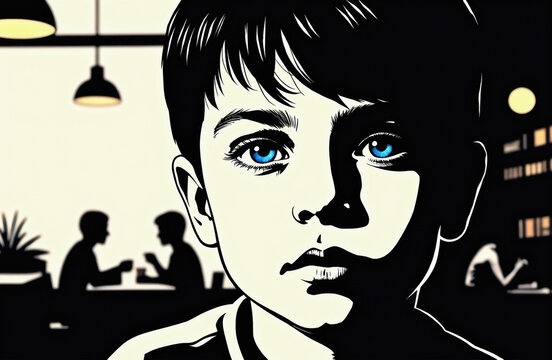 Blue-eyed young boy in bold high-contrast graphic cafe portrait