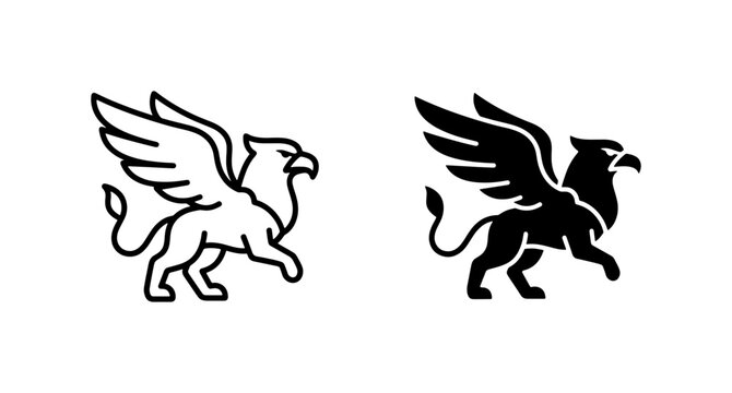 Mythical griffin logo icons, heraldic gryphon silhouette set, 2 black and white vector fantasy creatures