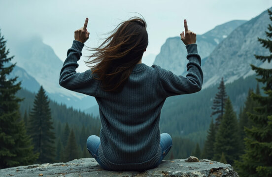 Woman on a rock making an obscene gesture at a mountain view