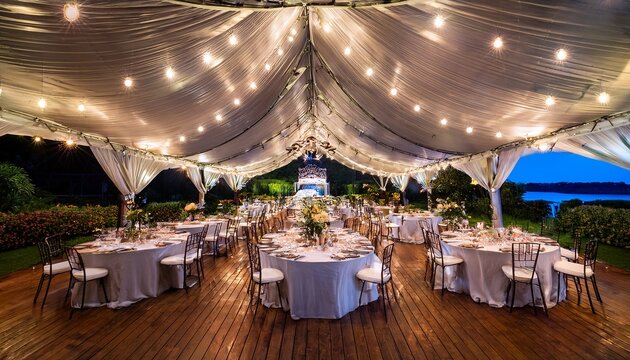 wide angle shot of a wedding reception tent with beautifully decorated tables a dance floor and a catered buffet area under twinkling lights