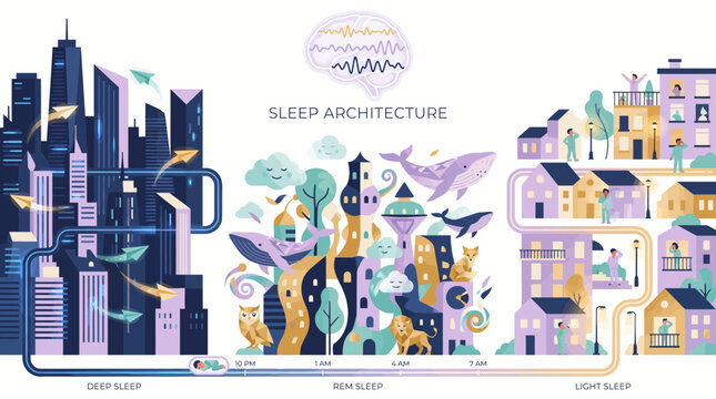 Sleep Stages as Dreamlike City &mdash; Sleep Health Concept Flat Vector Illustration