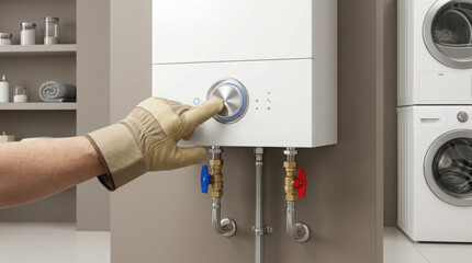 Naklejka premium Worker wearing a beige work glove adjusting the settings on a wall mounted generated using ai