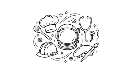 Professional career icons in line art style, diverse occupation symbols including astronaut helmet and chef hat, vocational education vector illustration © Shahnaz akhtar