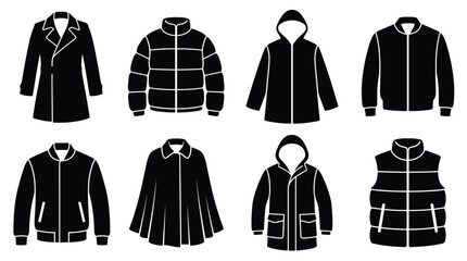 Set of eight black silhouette representing various types of winter jackets, coats, parkas, and vests isolated on a white background, for apparel and, clothing projects © NoobCreaTion
