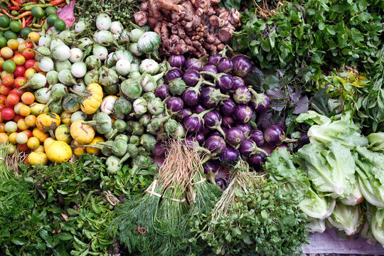 Fresh vegetables are displayed for sale at a local market in Luang Prabang, Laos during the daytime