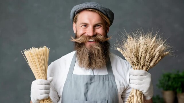 Static close up portrait of bearded man holding wheat bundle and pasta in rustic indoor kitchen studio
