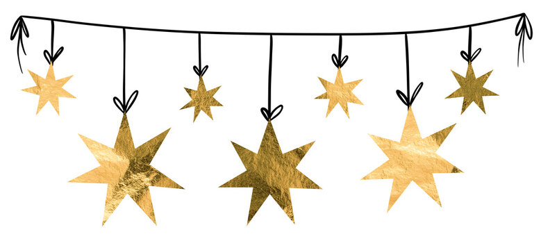 Golden star Christmas garland in vintage scrapbook style on transparent background. New year decor, festive design and holiday celebration element