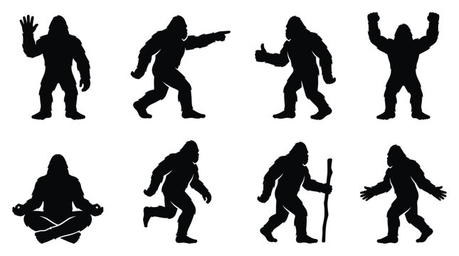 Set of eight black silhouettes depicting bigfoot or sasquatch in various poses, including waving, pointing, meditating, and walking, isolated on a white background