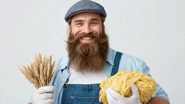 Panning shot of bearded farmer holding bundle of wheat and nest of fresh pasta while smiling in studio portrait with light backdrop