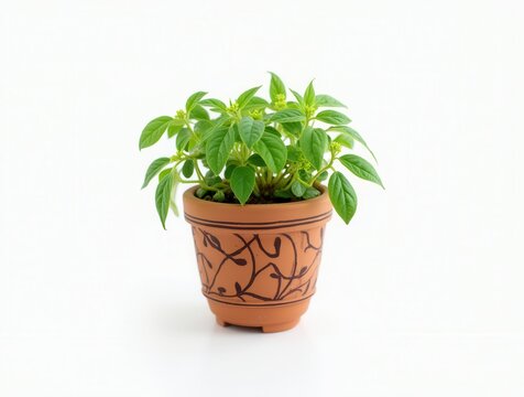 Small green plant growing in terracotta pot on white background