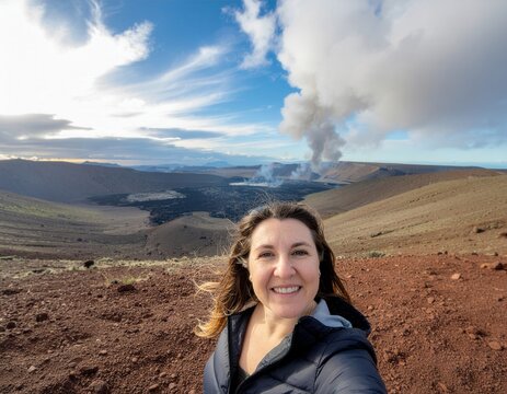 Woman smiling taking selfie with active volcano
