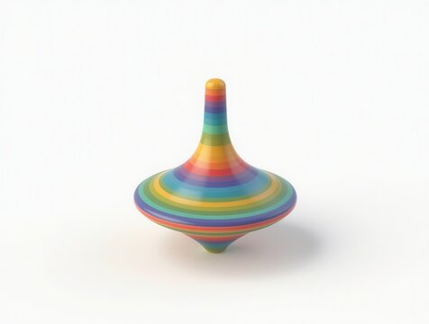 Colorful spinning top toy standing on white background