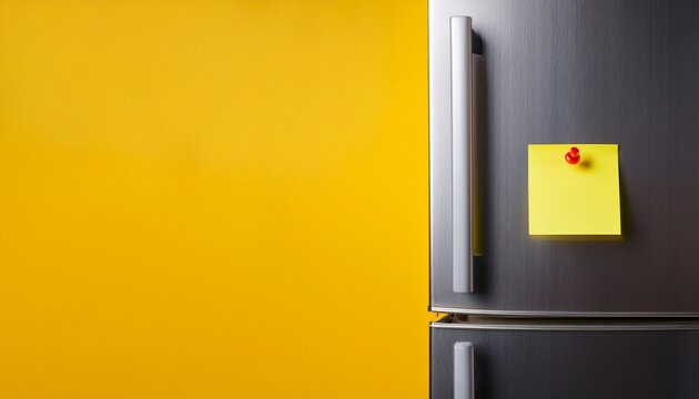 blank sticky note on metallic refrigerator door with yellow magnet on bright yellow background minimalist business concept style image for reminders ai generative
