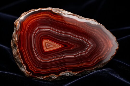 A polished slice of deep red-brown agate stone on dark velvet.