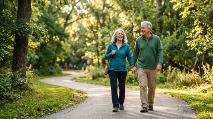 Obraz premium Senior Couple Enjoying a Leisurely Walk in a Lush Green Park