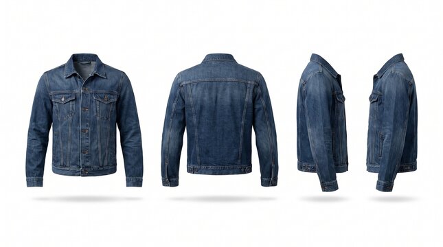 Classic Blue Denim Jacket Mockup - Front Back and Side Views Isolated on White Background