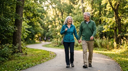 Obraz premium Senior Couple Enjoying a Leisurely Walk in a Lush Green Park