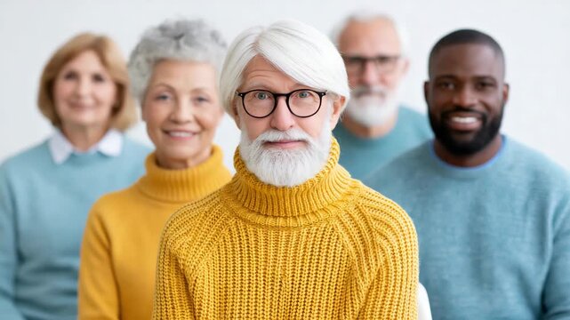 Static shot of elderly group portrait with man turning head and smiling toward camera in bright indoor studio with white backdrop and yellow sweater