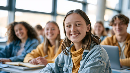 Obraz premium Smiling diverse students attending modern classroom lesson with happy teenage girl in focus