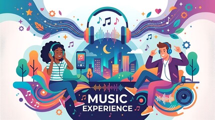 Fototapeta premium Diverse people enjoying vibrant music experience with headphones and city lights background