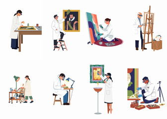 Set of Professional Art Restorers and Conservators Cleaning and Repairing Classic and Modern Paintings in a Laboratory or Museum Studio