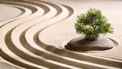 Fototapeta premium serene zen garden with a small tree and raked sand
