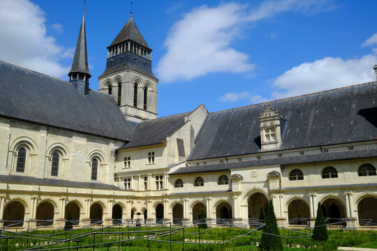 Cloister of the Royal Abbey of Fontevraud in France features architectural design and historical significance