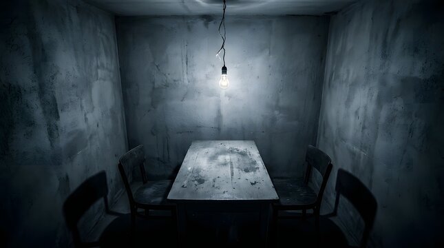Eerie basement scene with table and chairs lit by single bare bulb