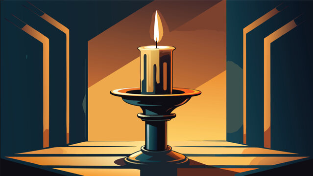 Single burning candle in elegant candlestick holder with warm glow candlestick background decoration minimalist illustration peaceful meditation spiritual memorial ceremony illumination