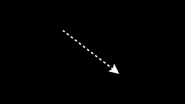 Animation of an arrow pointing down to the bottom right, accompanied by a dashed diagonal line tracing the arrow's path; black background, 4K video.