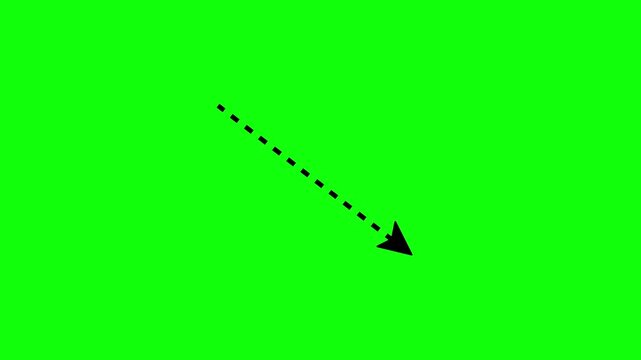 Animation of a diagonal dashed arrow landing on the right side, representing a decline; the dashed line follows the arrow's diagonal path; green background; 4K video.