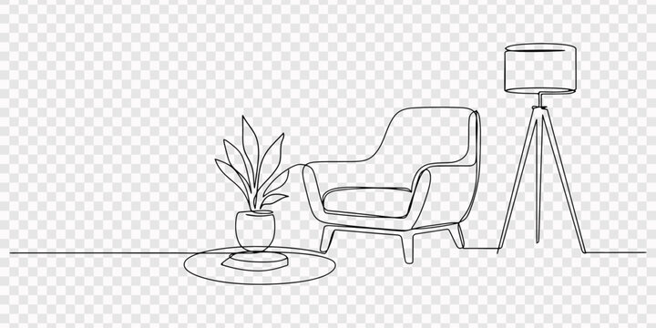 A clean and minimalistic continuous one line drawing of a living room scene with a lamp, chair, and plant, vector illustration, Isolated a Continuous one line drawing of Sofa with lamp lampshade and 