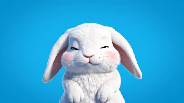 Cute white cartoon bunny winking on blue background
