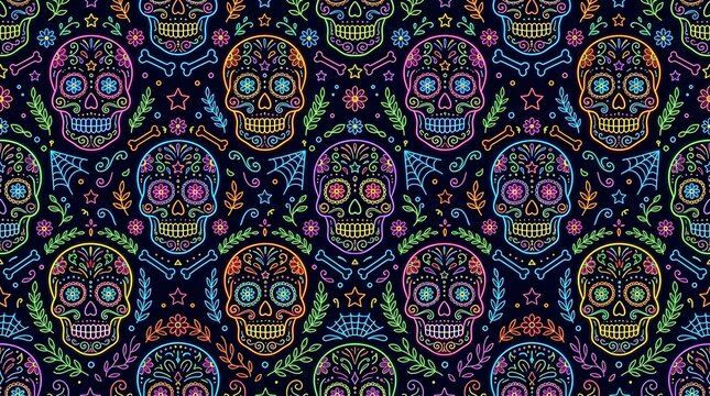 Neon sugar skull seamless pattern for day of the dead