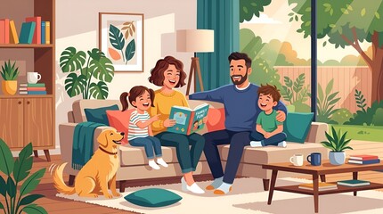 Fototapeta premium Family Reading Book on Sofa with Dog and Garden View