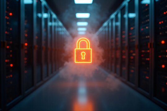 Digital data protection concept with glowing padlock icon and fog in secure server room with racks and blue lighting effects