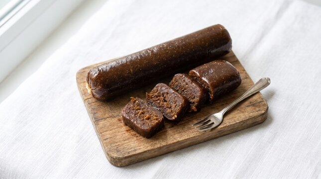 Traditional Indonesian sweet durian cake, lempok durian or roll dodol, sliced on a rustic wooden cutting board with a small fork on a white linen tablecloth.