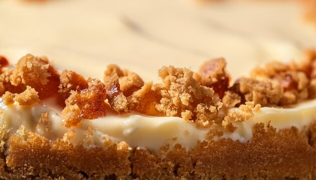 macro shot of the texture of a cheesecake highlighting the creamy smooth surface with a crumbly graham cracker crust