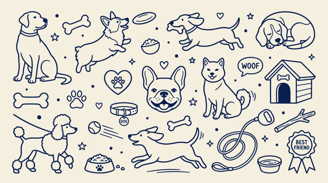 Domestic Dog Breeds and Pet Ownership Care Doodle Icon Set
