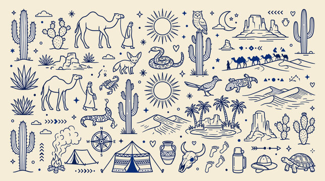 Desert Landscape and Sahara Adventure Doodle Icon Set
