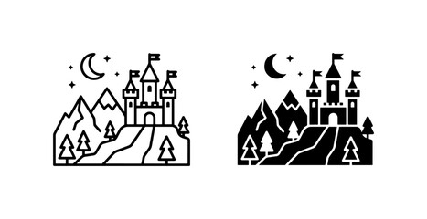 Obraz premium Fairytale Castle Icon Set, Fantasy Kingdom Landscape, Medieval Fortress Silhouette, Enchanted Night Scene Vector Art